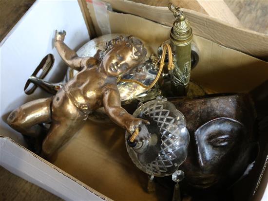 Cherub light, plated teapots etc